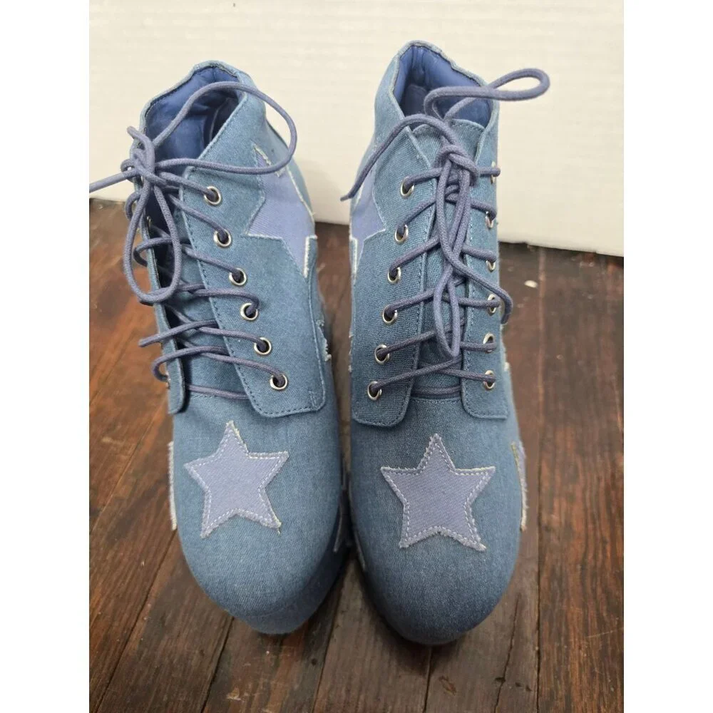 Dolls Kill Sugar Thrillz Shoot For the Stars Playhaus Platforms Denim sz 8